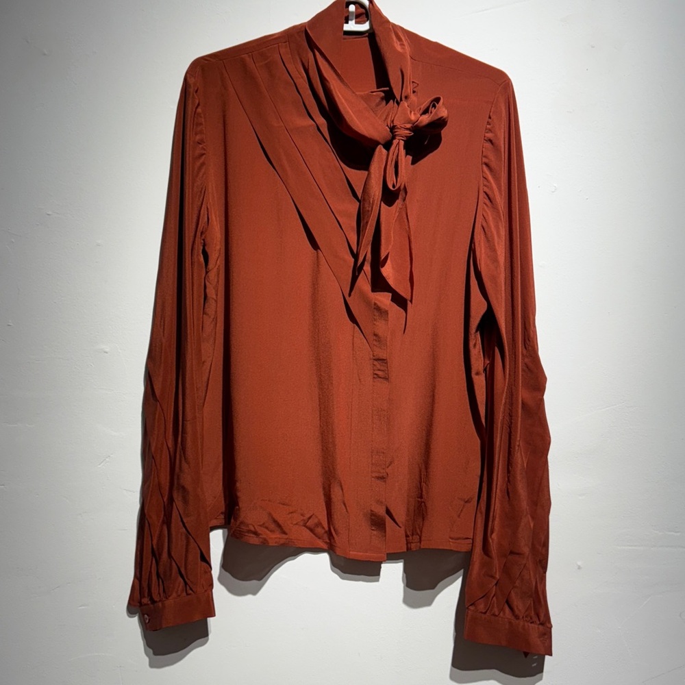 Elegant 1980s terracotta Silk Bow Neck Blouse